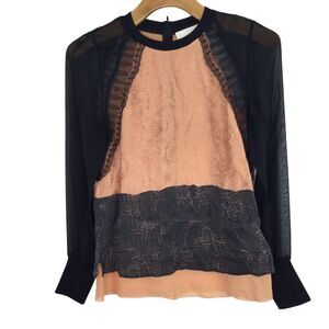 3.1 Phillip Lim Colorblock Lace Chiffon Long Sleeve Blouse Top Black Coral Sz 2